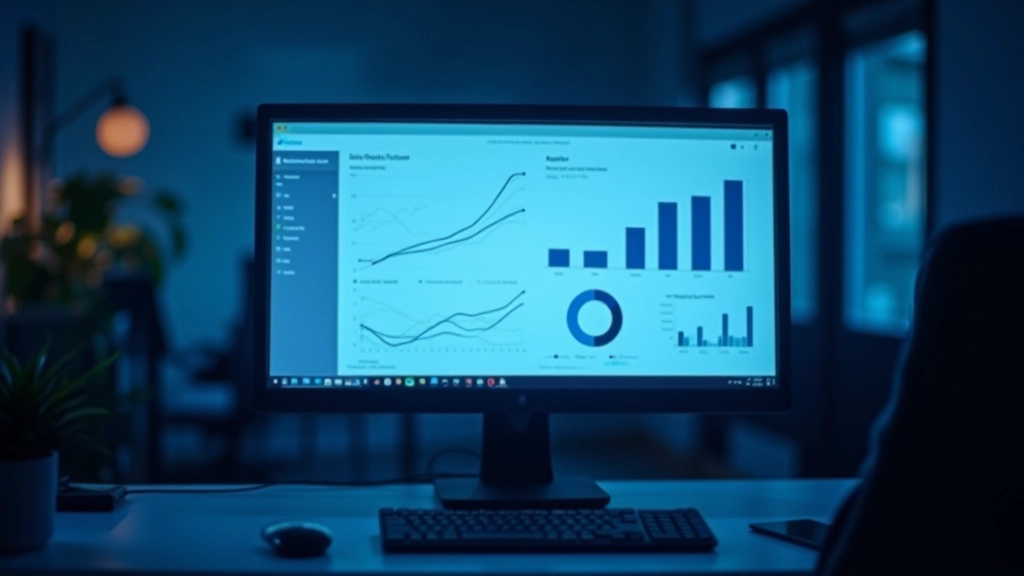 Computerskærm med analyser og grafer, kontormiljø med blåt lys