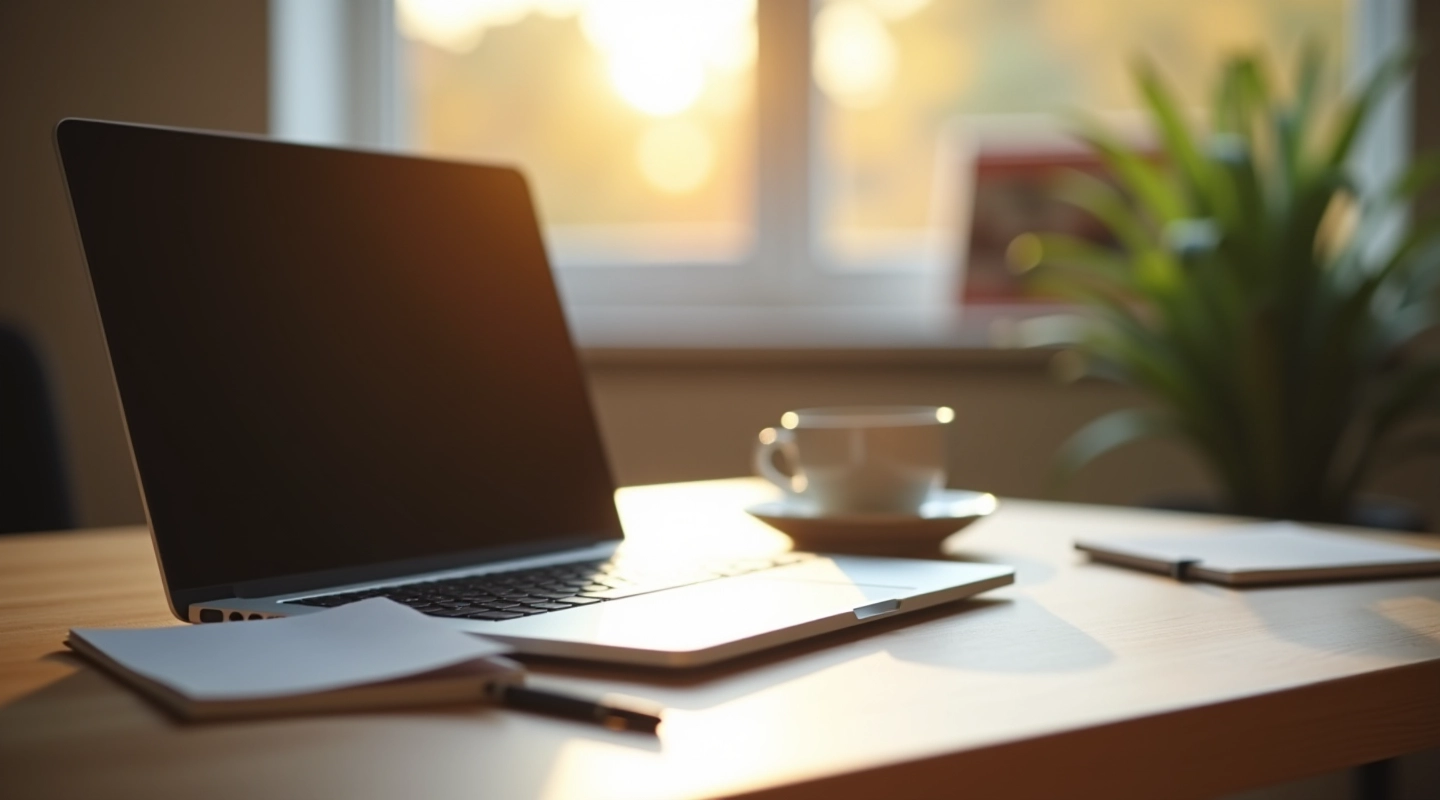 Laptop på skrivebord med notesbog og kaffekop i morgenlys