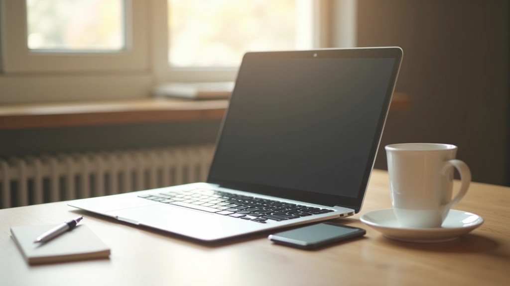 Bærbar computer åben på skrivebord med notesbog, pen og kaffe i morgenslys fra vindue