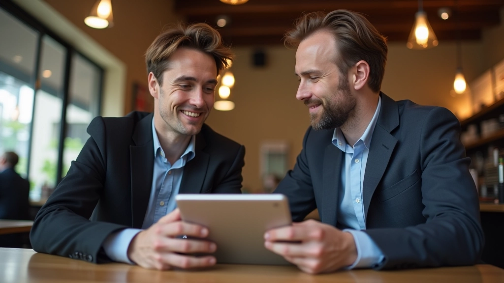 Person med tablet mødes med anden person ved bord i moderne café setting