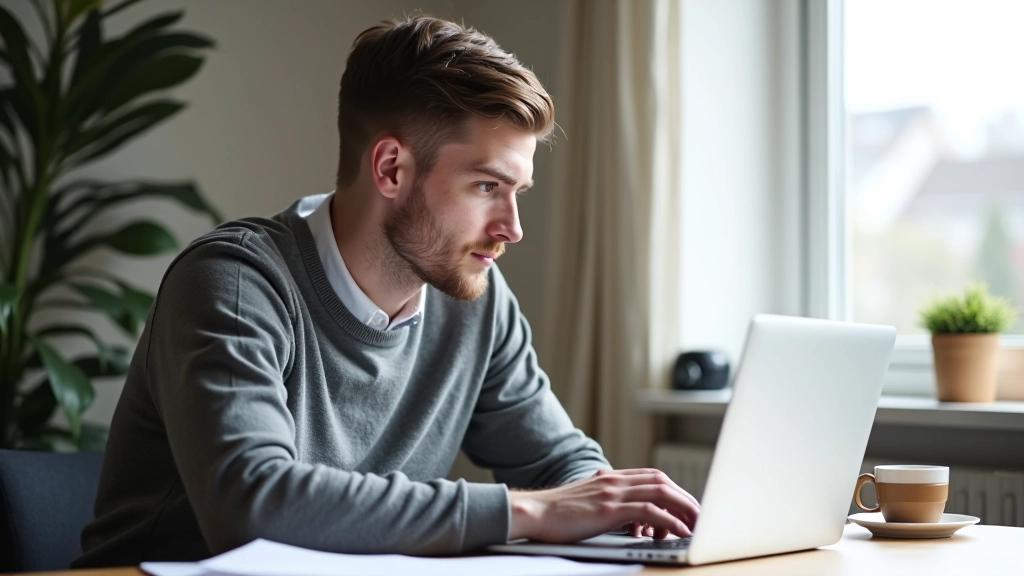 Person der skriver på laptop ved arbejdsbord med notater og kaffe