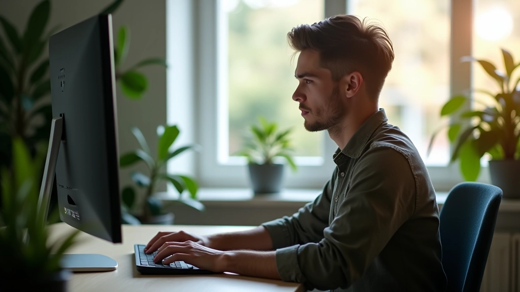 Person arbejder ved computerskærm i moderne hjemmekontor med naturligt lys fra vindue