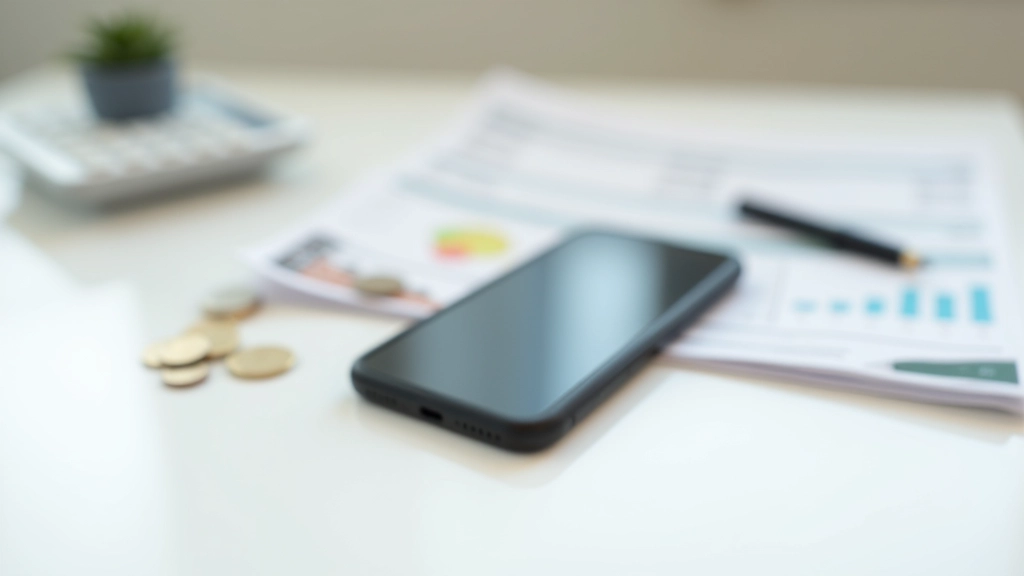 Mobiltelefon på tabel med mønt og regneark dokumenter