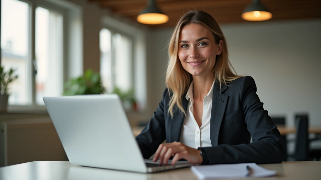 Kvinde sidder ved skrivebord med computer, notater og kaffekopper i moderne kontor